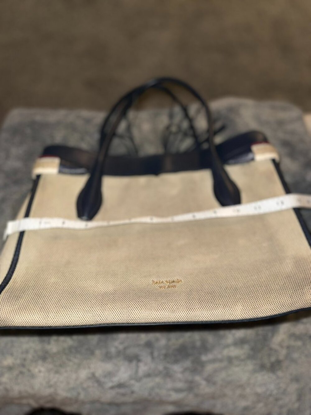 Kate Spade Large Beige Canvas Navy Blue Leather Tote Bag Striped Tassel Flawed